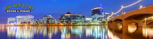 tempe, arizona, skyline and bridge lit up at night