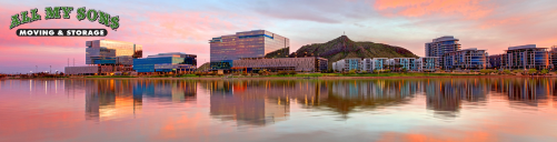 tempe city skyline along the salt river at dusk