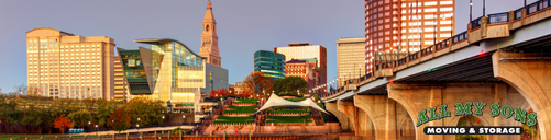 downtown hartford, connecticut, skyline at dusk