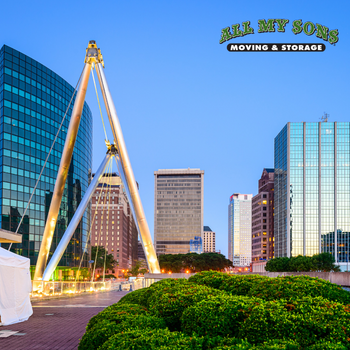 pedestrian bridge in downtown hartford, connecticut at dusk